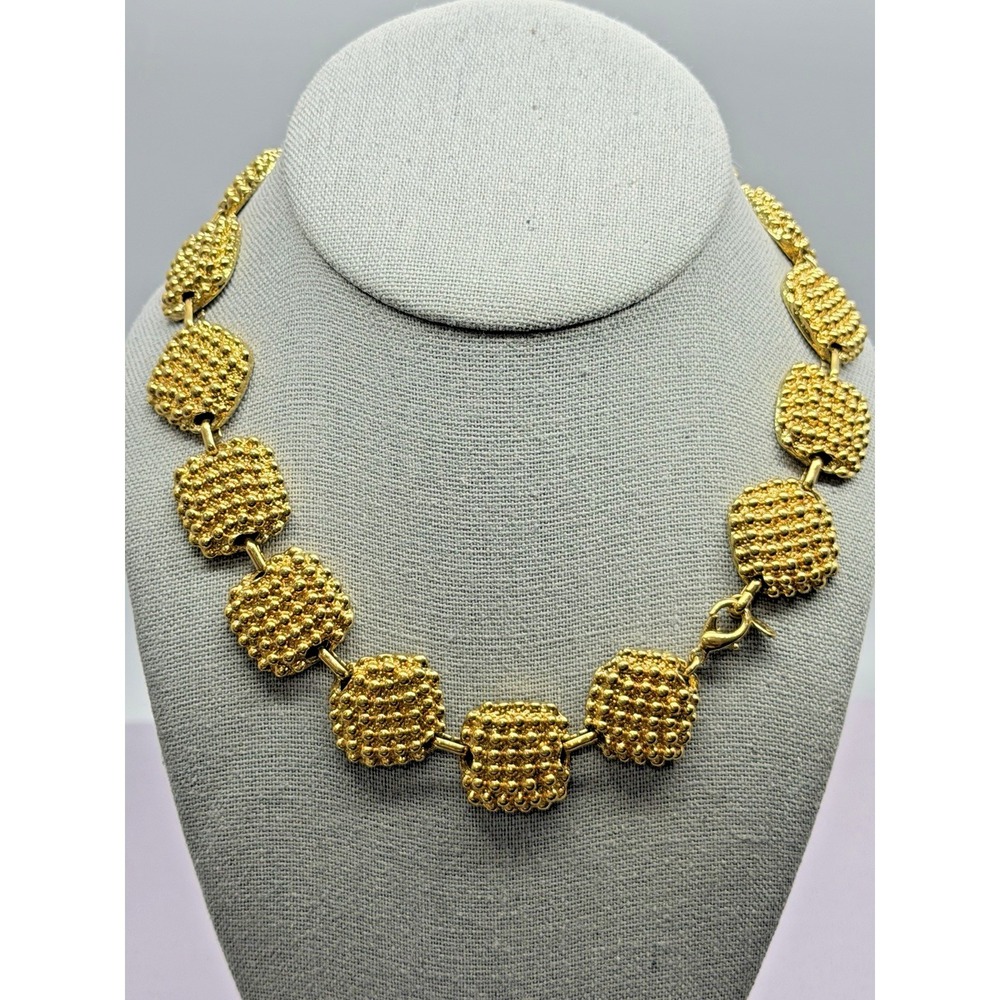 Vintage AFJ Gold Tone‎ Textured Studded Square Link Necklace Chunky  Collar 16"